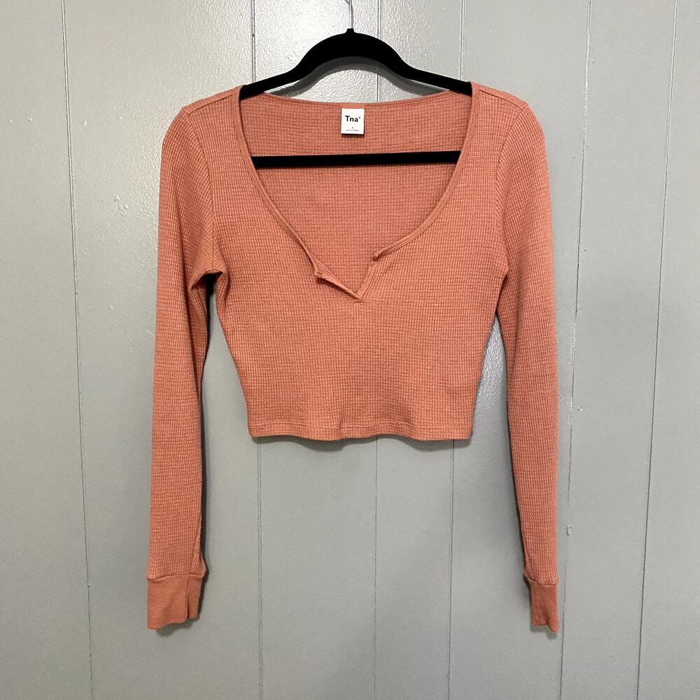 Aritzia Tna Dusty Pink Thermal Waffle Knit V-neck Long Sleeve Crop Top S